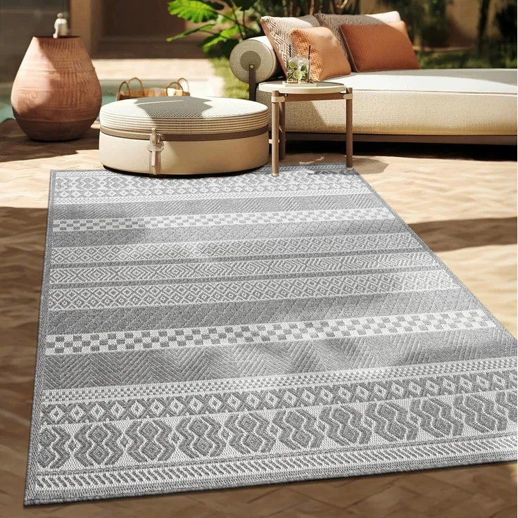 Paco Home In-& Outdoor Teppich Balkon Terrasse Küchenteppich Modernes Boho Ethno Muster, Grösse:80x150 cm, Farbe:Grau 4 – Bild 1