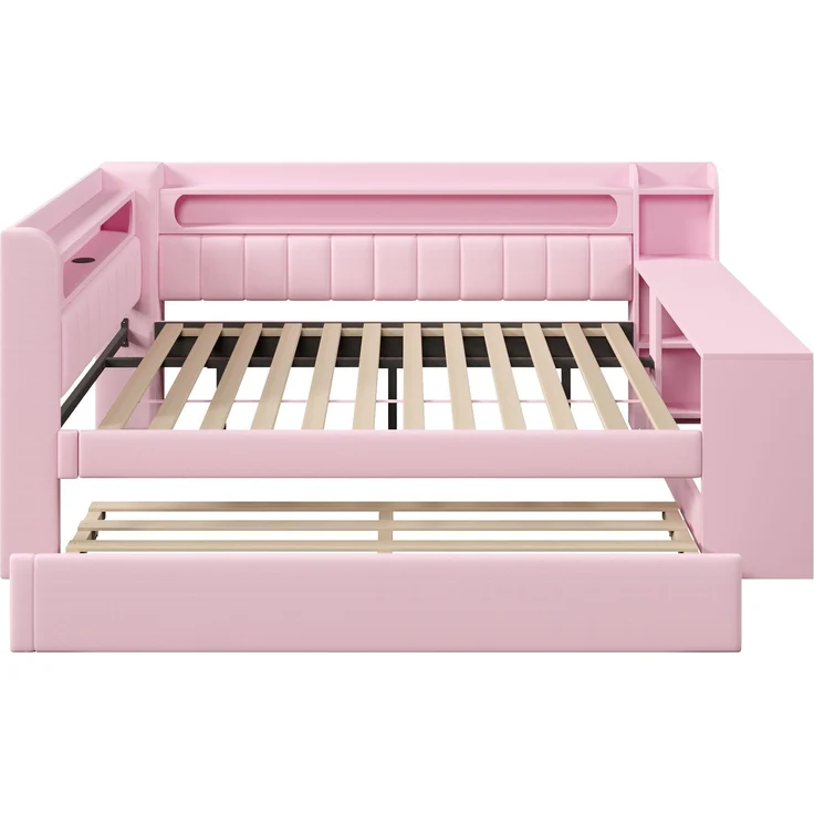 Gepolstertes 140x200 Tagesbett mit USB-Anschlüssen und LED-Gürtel, mit Ausziehbett und Schreibtisch, Rosa – Bild 6