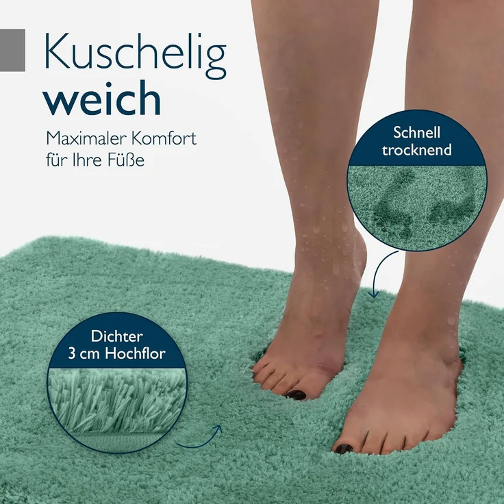 Beautissu Badematte rutschfest 120x70 cm – Duschvorleger Hochflor Badteppich rutschfest Waschbar Shaggy Optik – Flauschig Badvorleger Badezimmerteppich Groß – Badematte Mintgrün BeauMare FL – Bild 4