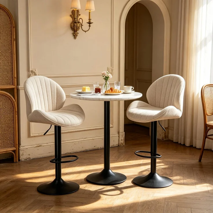 2‑er Set schalenförmige Barhocker mit Rückenlehne, höhenverstellbar, Fußstütze, Stahlrahmen(nur mit 2pcs Barhocker)--Beige--48x50x115cm--YOUDENOVA – Bild 1