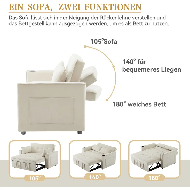 Multifunktions-Schlafsofa Samt Beige, 3-fach verstellbar mit Getränkehalter, 137x76,5x83 cm – Bild 7