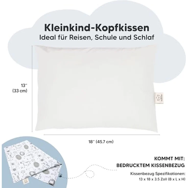 Kopfkissen Kleinkind mit Kissenbezug - Weich Bio Baumwolle Kissen Kinder zum Schlafen - Waschbar Kleinkind Kopfkissen - Kinderkopfkissen für Kleinkinder (KeaSafari) – Bild 4