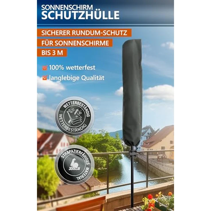 4smile Sonnenschirm Schutzhülle - Schutzhülle für Sonnenschirm Ø 300 cm / 250x150 cm - Wetterfeste Sonnenschirmhülle, Schirmhülle mit Stab, Reißverschluss, Polyester Abdeckung Sonnenschirm – Bild 3