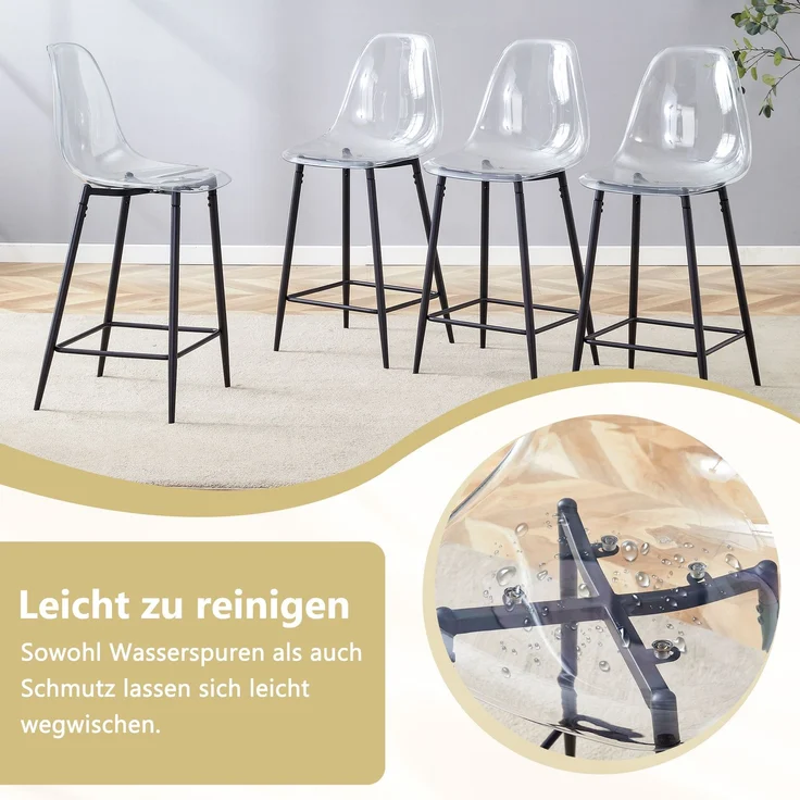 Transparente Barhocker Set, 4er Pack, mit Metallgestell in Silber/Gold/Schwarz, Moderne Design-Stühle für Küche, Bar oder Esszimmer (Nur Stühle, ohne Tisch)--Schwarz--51x45x102cm--YOUDENOVA – Bild 7
