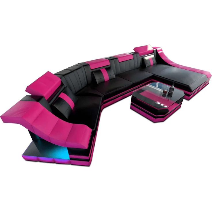 Sofa Dreams - Mini Luxus Wohnlandschaft Turino C-Form mit LED - Echtleder - Schwarz-Pink - Rechts – Bild 1