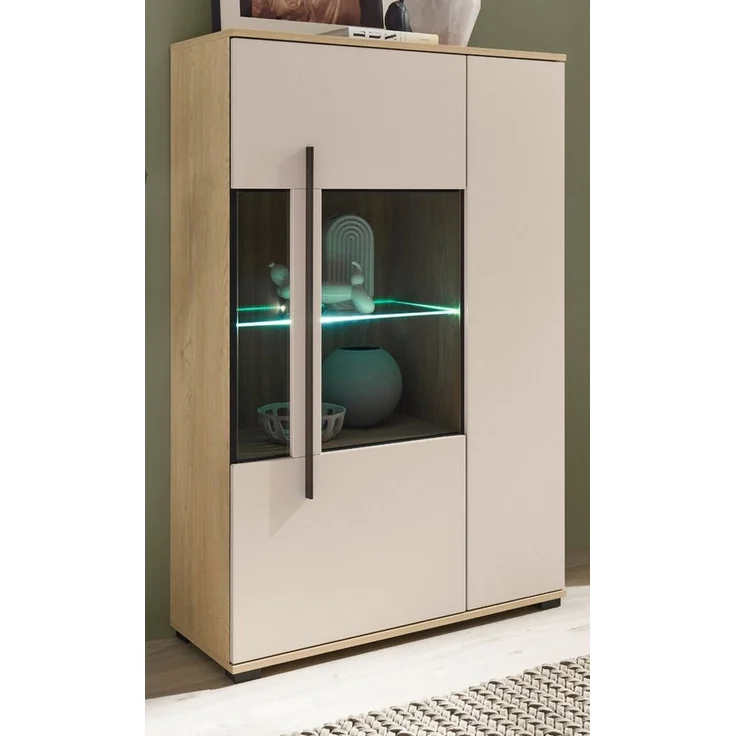 Furn. Design Highboard Design-D (Vitrinenschrank in Kaschmir / Sand und Eiche, 2-türig, 90 x 140 cm), mit viel Stauraum – Bild 1
