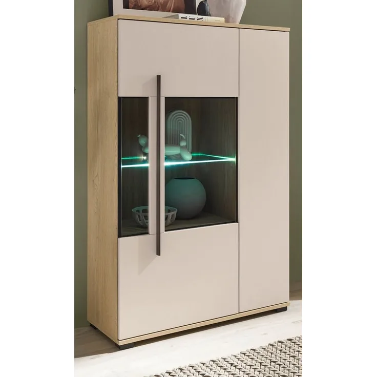 Furn. Design Highboard Design-D (Vitrinenschrank in Kaschmir / Sand und Eiche, 2-türig, 90 x 140 cm), mit viel Stauraum