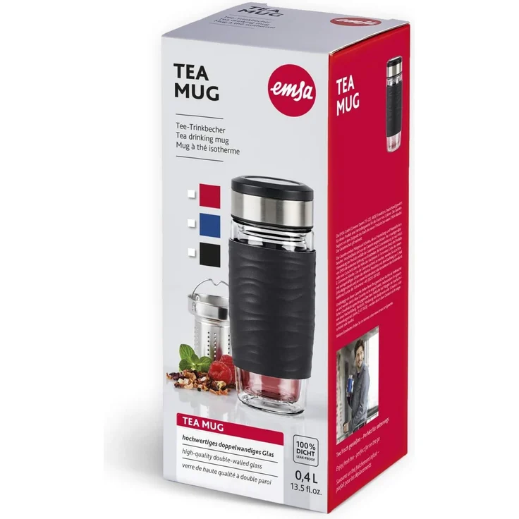 EMSA 'Tee Mug' Teebecher mit Sieb, doppelwandiges Glas, Silikonmanschette, blau, 400 ml – Bild 14