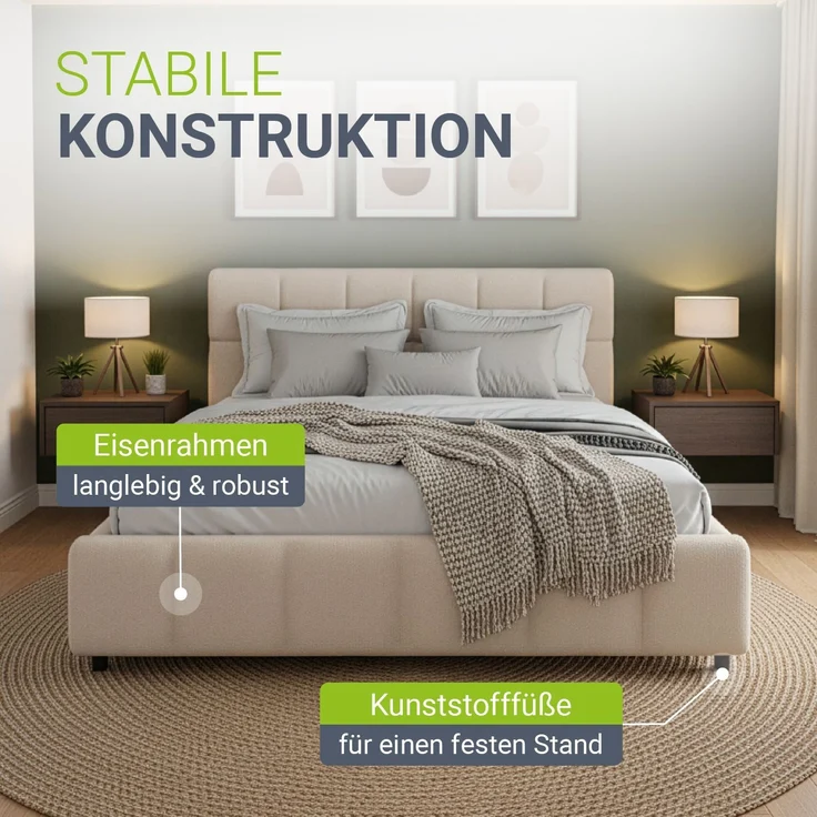 Juskys Polsterbett Florenz 140 x 200 cm – Bouclé, modernes Bett mit Kopf- & Fußteil, stabilem Holz- & Metallrahmen, Lattenrost, 500 kg Tragkraft – Beige – Bild 6