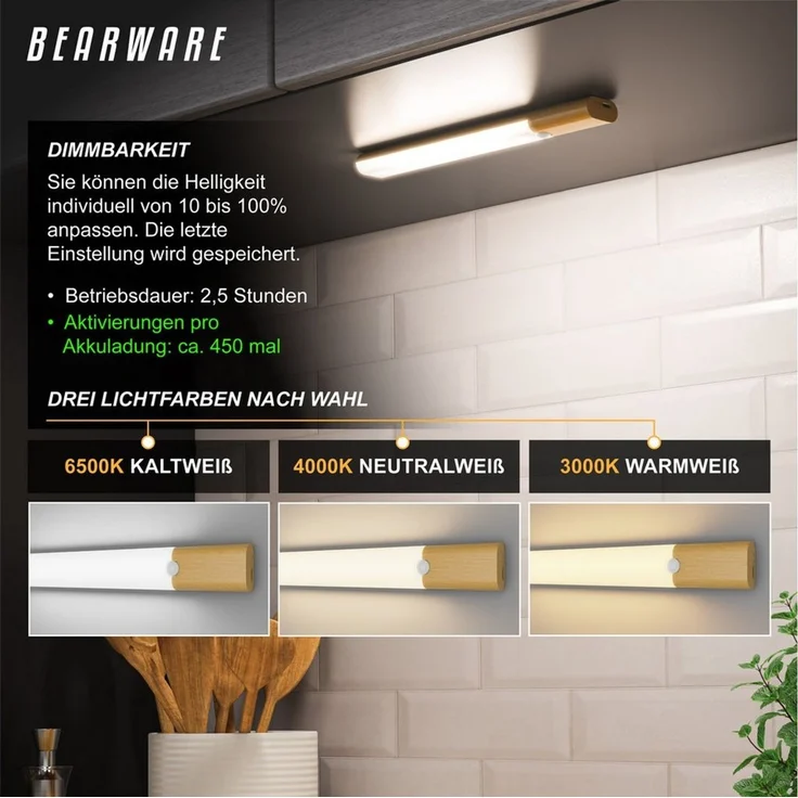 BEARWARE Unterschrankleuchte Schranklicht mit Bewegungsmelder, Akku, 3 Farbtemperaturen, dimmbar, stufenlos dimmbar, Memory-Funktion, 3 Lichtfarben, LED fest integriert, warmweiß, neutralweiß, kaltweiß, 1000 mAh, USB-C, Magnetbefestigung, PIR 120°, 4 m... – Bild 4