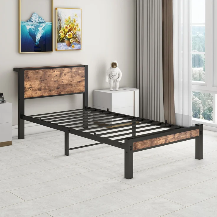 Bett 90x200 cm mit Stauraum – Einzelbettgestell aus MDF und Metall in Antique brown – Bild 7