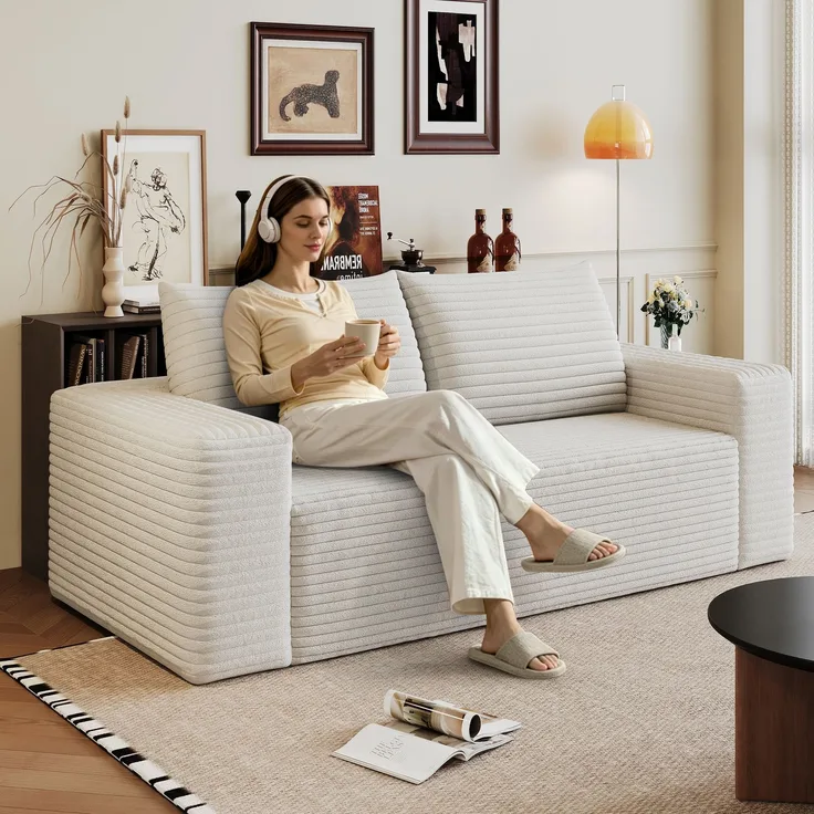 EINHOM 180 cm, Bequemes Corduroy-Sofa, Mit tiefer SitzflächeLoveseat-Kleinsofa, Boneless Modular Sofa, Schwamm, Keine Montage erforderlich, Kompressions sofas for Wohnzimmer, Schlafzimmer, Wohnung, Creamy White