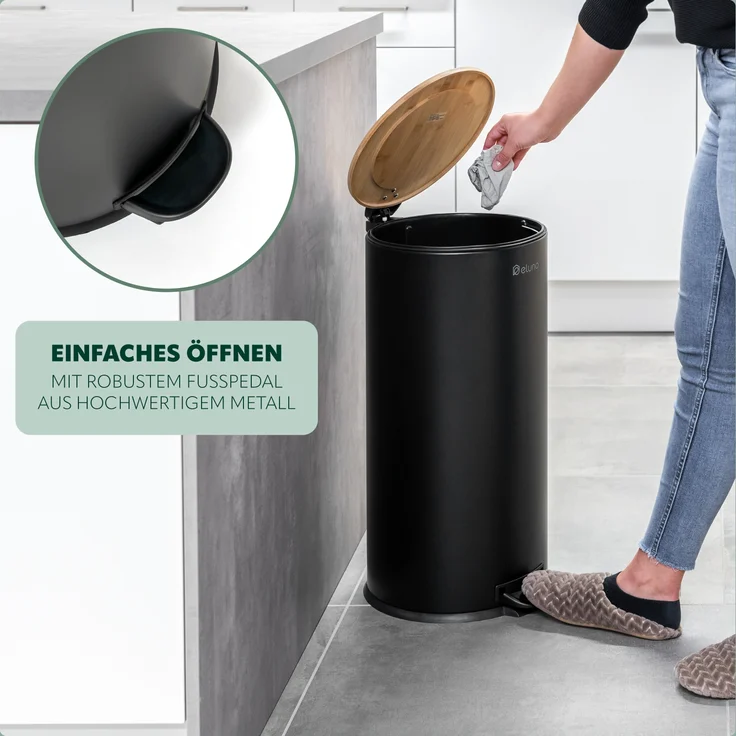 eluno Mülleimer Treteimer, 30 Liter aus Bambus und schwarzem Metall – Bild 4