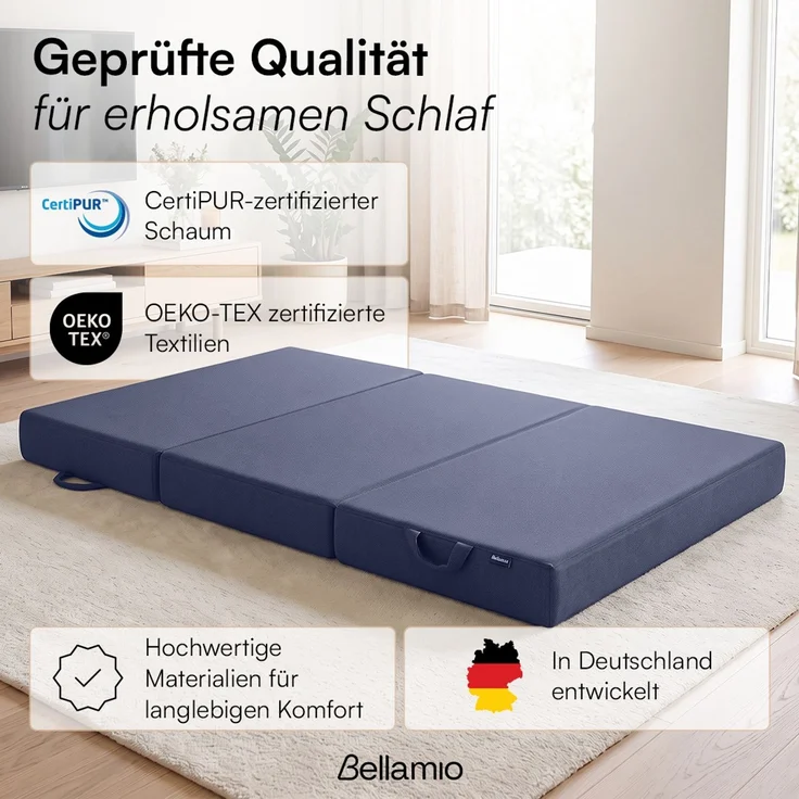 Bellamio 'Lomme' Klappmatratze 140x200 cm, 3-fach faltbar, Höhe 15 cm, Härtegrad H3, Gästematratze mit Tragegriffen, dunkelblau, abnehmbarer Bezug – Bild 7
