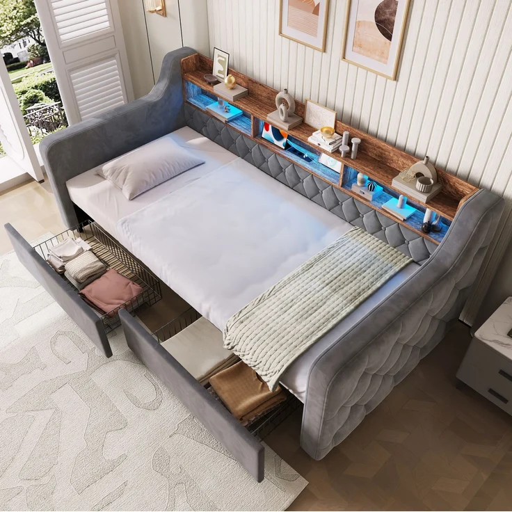 Polsterbett 90x190 cm in Dunkelgrau mit LED, Ablage und 2 Schubladen – Ohne Matratze – Bild 1