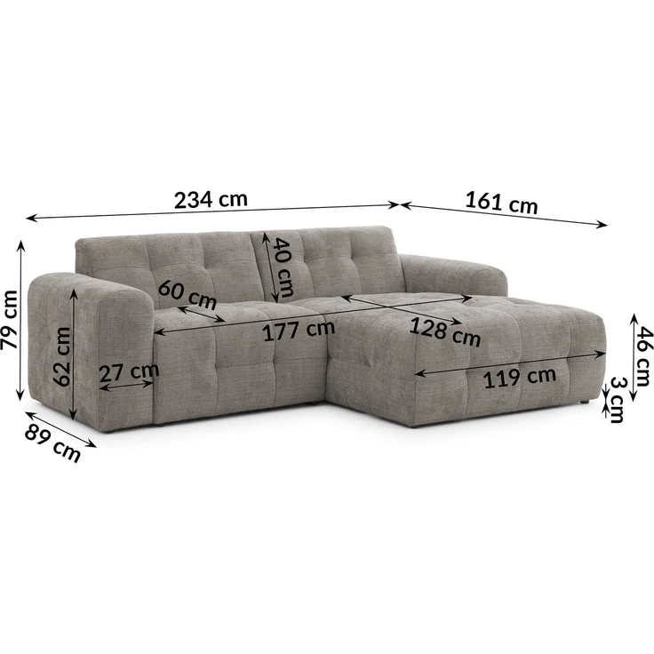 Modernes Ecksofa mit Ottomane rechts, markante Steppungen, Chenille Braun Taupe, 234 x 161 x 79cm – Bild 8