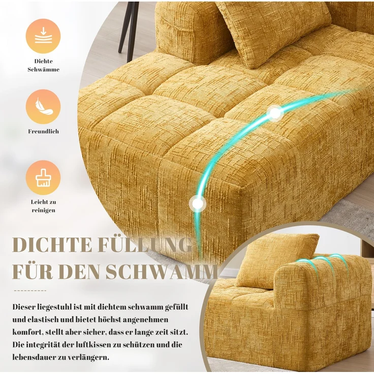 Chaiselongue-Sofa aus Chenille mit Seitentaschen & Kissen, 158x90x60 cm, Gelb – Bild 6