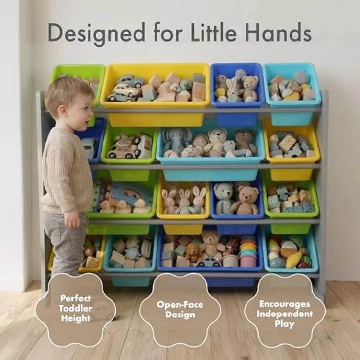 Humble Crew buntes Kinderregal, Grau/Blau/Grün/Gelb! 16 Boxen für Spielzeug, ideal für Kinderzimmer. Fröhliche Ordnung schaffen! – Bild 3