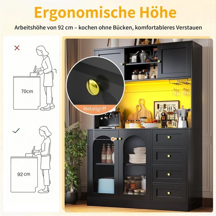Odikalo Küchenbuffet Küchenschrank Buffetschrank mit LED-Lichtleiste & Getränkehaltern (120 x 40 x 188 cm, Landhausstil, 4 Türen, Schwarz/Weiß) – Bild 4