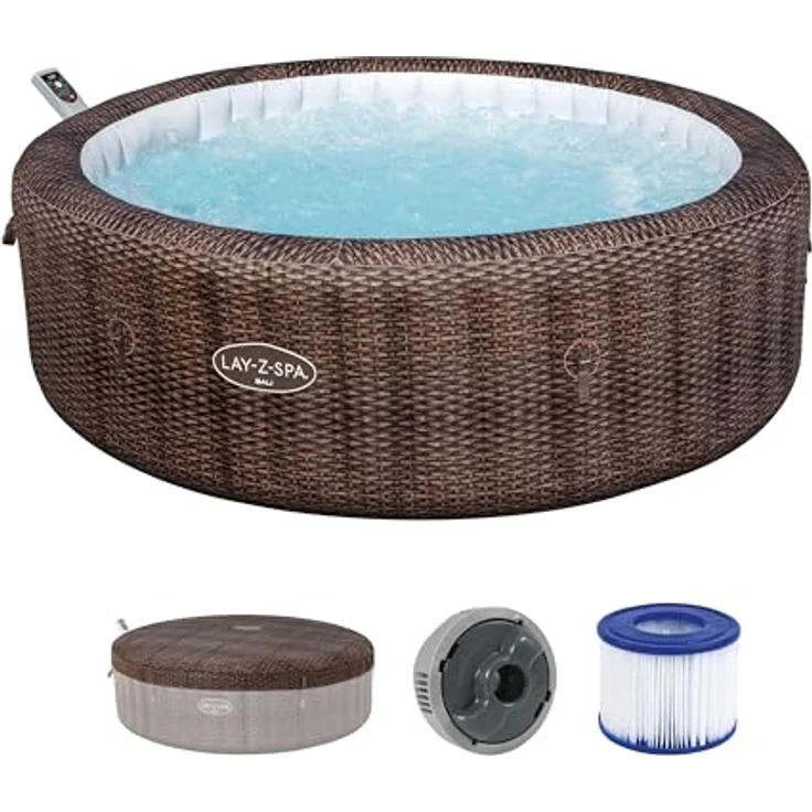 Bestway LAY-Z-SPA Energiespar-Whirlpool Bali AirJet™ für 7 Personen, mit App-Steuerung, Ø 216 x 71 cm, Rattan-Optik (Schokobraun), integrierte UltraFit™-Pumpeneinheit, 180 AirJet™-Düsen, Heizsystem mit Energiespartimer – Bild 1