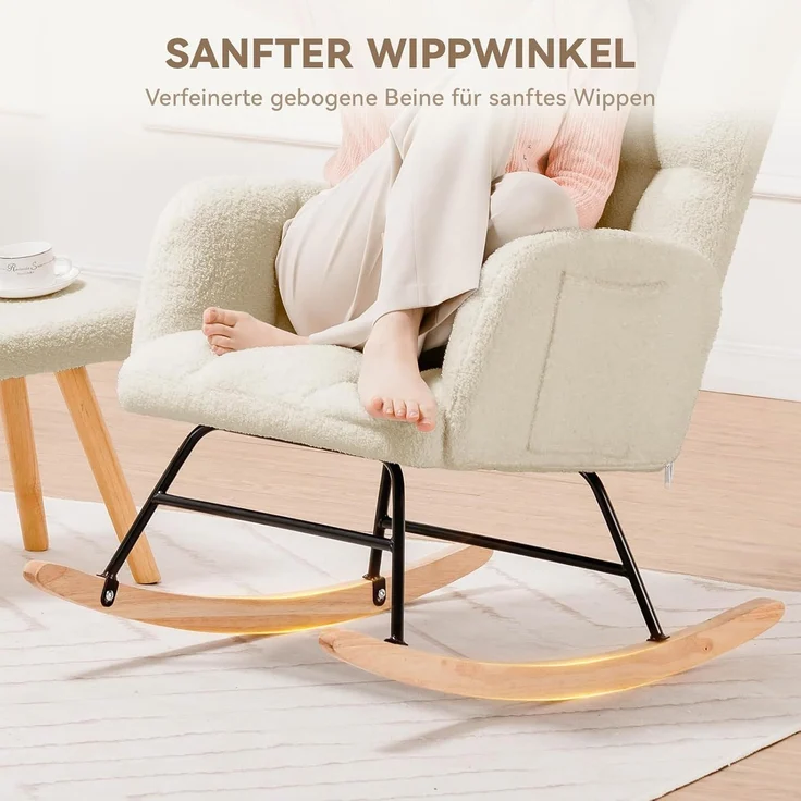 COMHOMA Schaukelstuhl mit Hocker, Relaxsessel mit Armlehnen, Ohrensessel aus Teddy-Plüsch Schaukelsessel, bis 150 kg belastbar, sonnenliege gartenliege für Schlafzimmer, Wohnzimmer,Beige – Bild 5
