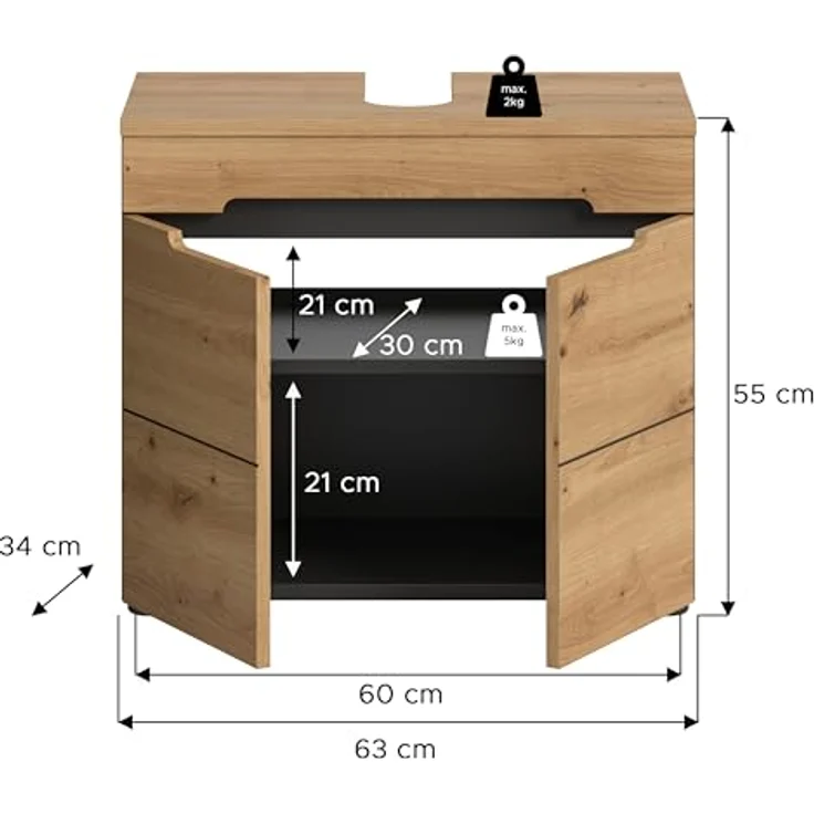 Xonox Canu Waschbeckenunterschrank (B/H/T: 63x55x34 cm) in Basalt grau Nachbildung und Artisan Nachbildung – Bild 4