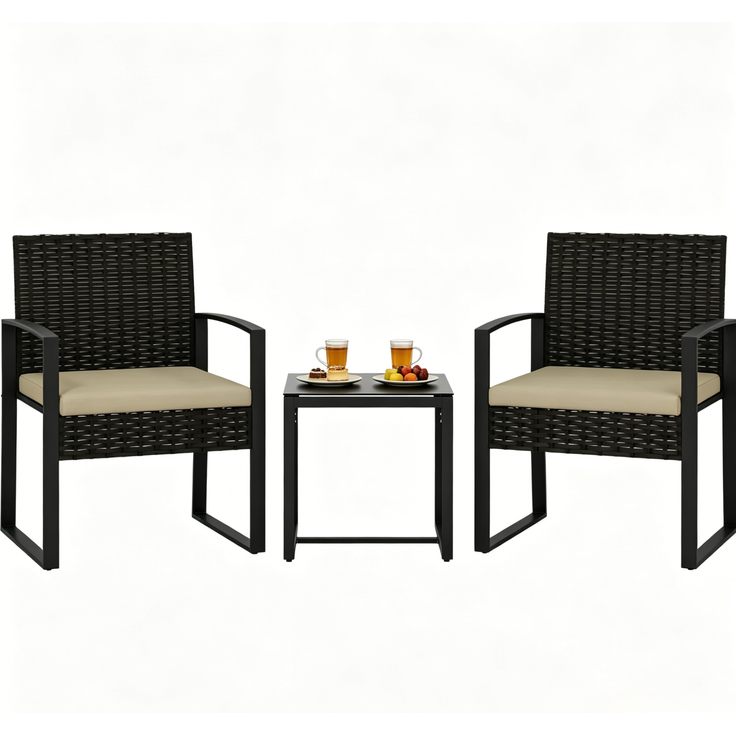 Gartenmöbelset aus PE-Rattan, 2 Sessel mit Kissen & Glastisch, 55x58x76 cm, Braun/Khaki/Schwarz – Bild 8