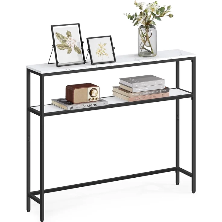 VASAGLE Konsolentisch, schmaler Sofatisch mit 2 Ablagen, 20 x 100 x 80 cm, Flurtisch, 2 Ebenen, für Flur, Wohnzimmer, Schlafzimmer, marmorweiß-tintenschwarz LNT131W59 – Bild 1