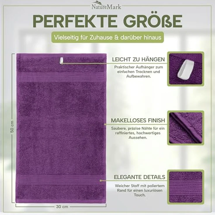 NatureMark Gästetücher – 12er Pack (30x50 cm), 100% Baumwolle, Oeko-Tex Zertifiziert, weich, saugfähig und pflegeleicht – Für Bad, Gäste & Spa – Lila – Bild 8