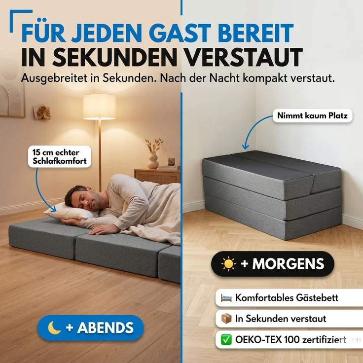 Arensberger Multifold Klappmatratze 140x200 cm, 15 cm hoch – Gästebett klappbar, Faltmatratze & Campingmatratze, Klappsofa, Gel Foam, OEKO-TEX 100 – Bild 6