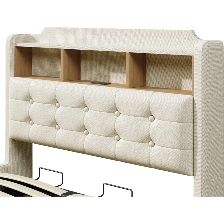 Polsterbett mit LED-Streifen und Stauraum, 140x200 cm, Kopfteil, USB/Type-C Anschlüsse, Doppelbett, Stauraumbett, Leinen – Bild 10