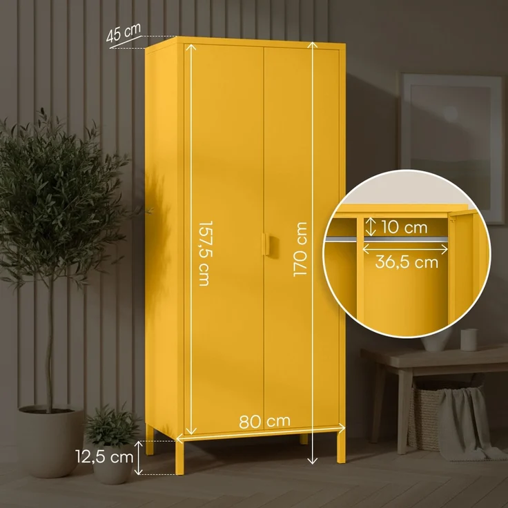 skølm 'Ituri' Kleiderschrank, Metall, 170x45x80 cm, senfgelb, Garderobe mit 4 Fächern und 2 Kleiderstangen – Bild 6
