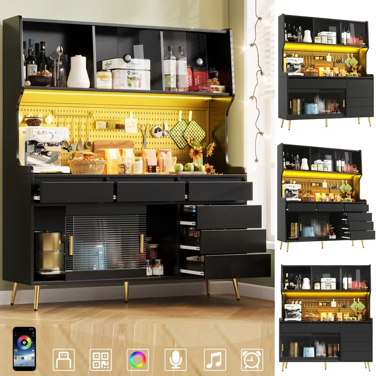EINHOM Moderner Hochschrank mit LED Beleuchtung & App-Steuerung, Küchenschrank oder Esszimmerschrank mit Schublade, Sideboard mit Aufbewahrungsregal mit Lochwand, 145 x 39 x 171 cm, Schwarz
