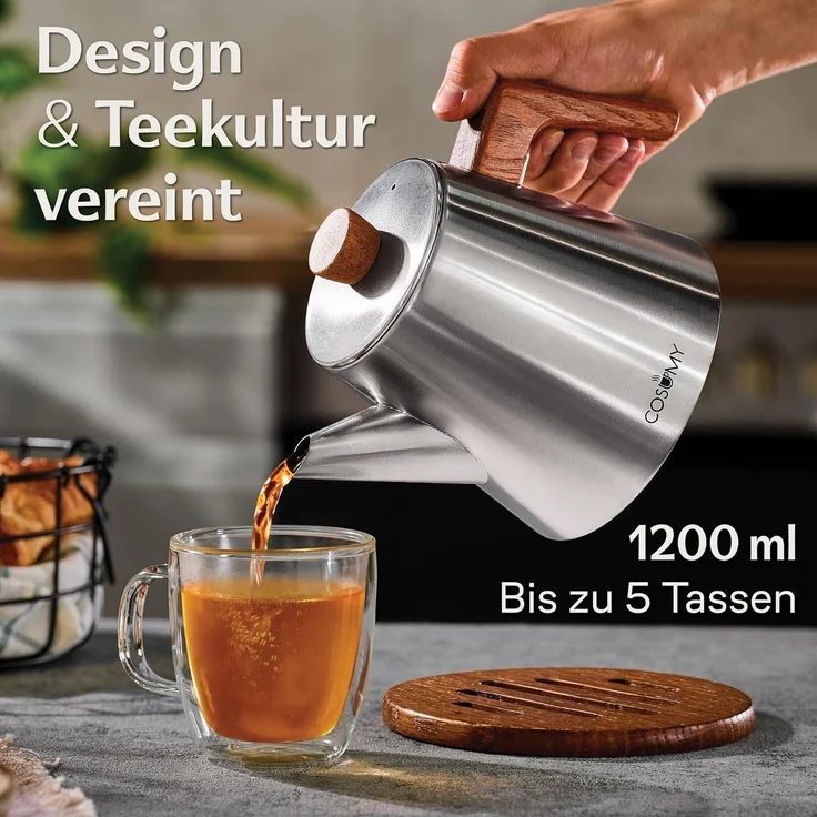 Cosumy Teekanne mit Siebeinsatz und Untersetzer - Edelstahl & FSC Holz - Induktion, 1,2 l, (Set, 1-St, Teekanne mit Siebeinsatz und Untersetzer), Kanne mit Sieb für Tee - Induktion - Tropffrei - Hält lange warm – Bild 2