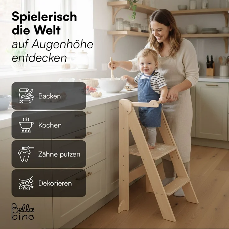 Bellabino 'Tay' Lernturm für Kinder ab 1 Jahr, Tritt 2-fach höhenverstellbar, natur, Birke Sperrholz, klappbar, Tritthocker bis 50 kg belastbar – Bild 7