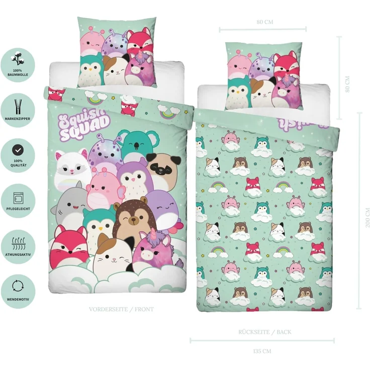 MTOnlinehandel Bettwäsche Squishmallows 135x200 + 80x80 cm, 100% Baumwolle, 2 teilig, Squish Squad, Cam, Fifi, Lola, Winston und Hans, Regenbogen, Wolke – Bild 3