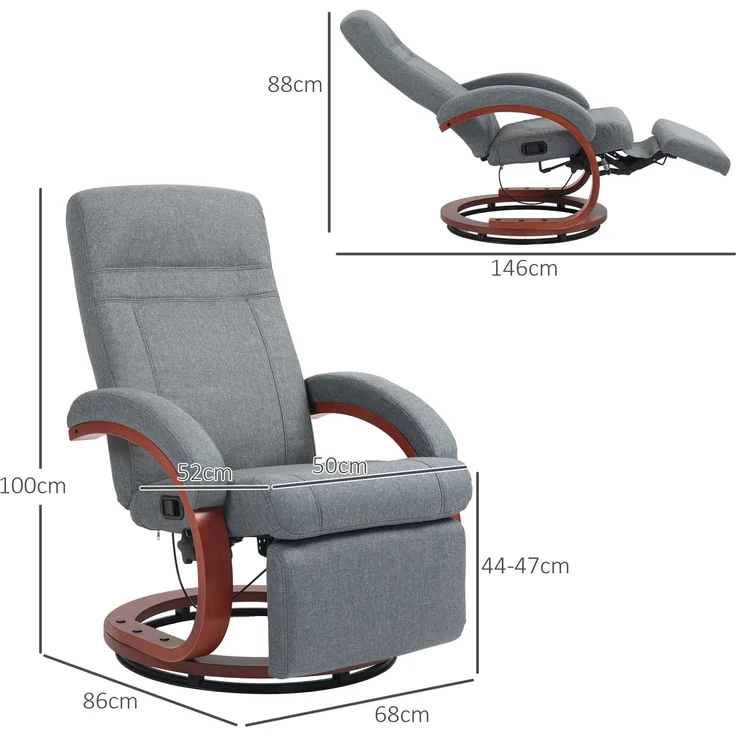 Wohnora-Relaxsessel mit klappbarer Fußstütze, drehbar, neigbare Lehne, Leinenoptik, bis 140 kg, Grau,H 1000cm x T 860cm x B 680cm – Bild 4