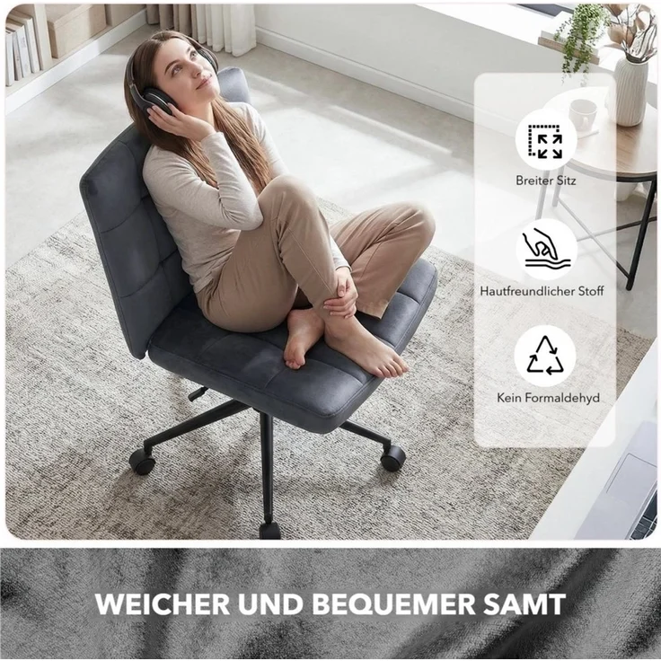 TLGREEN Drehstuhl Drehbürostuhl aus Samt mit Rollen,ohne Armlehnen (360° drehbar, höhenverstellbar), Sitzkissen aus 10 cm hochelastischem Schaum, belastbar bis 136 kg – Bild 4