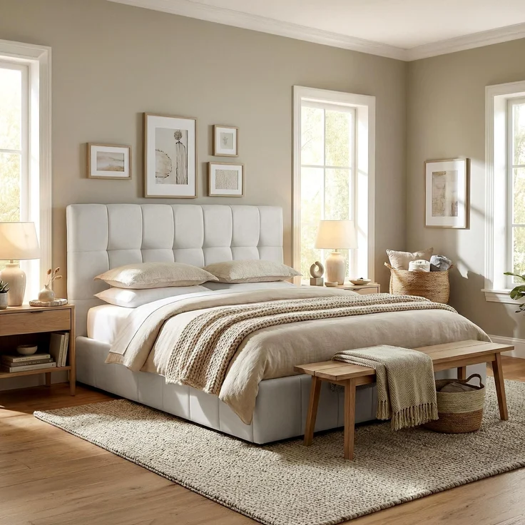 Bett NEGAD - Stoff Creme 194x206x30 cm | Bett 180x200 Polsterbett Mit Bettkasten Gepolsterte Kopfteil Steppnähte Massivholzrahmen – Bild 2