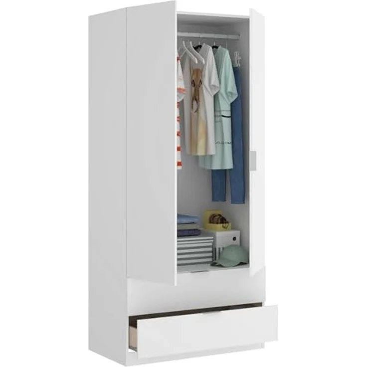 Dmora - Garderobe Burbank, Schlafzimmerschrank mit 2 Türen und 2 Schubladen, Schlafzimmermöbel mit Kleiderstange, cm 81x52h180, Weiß – Bild 3