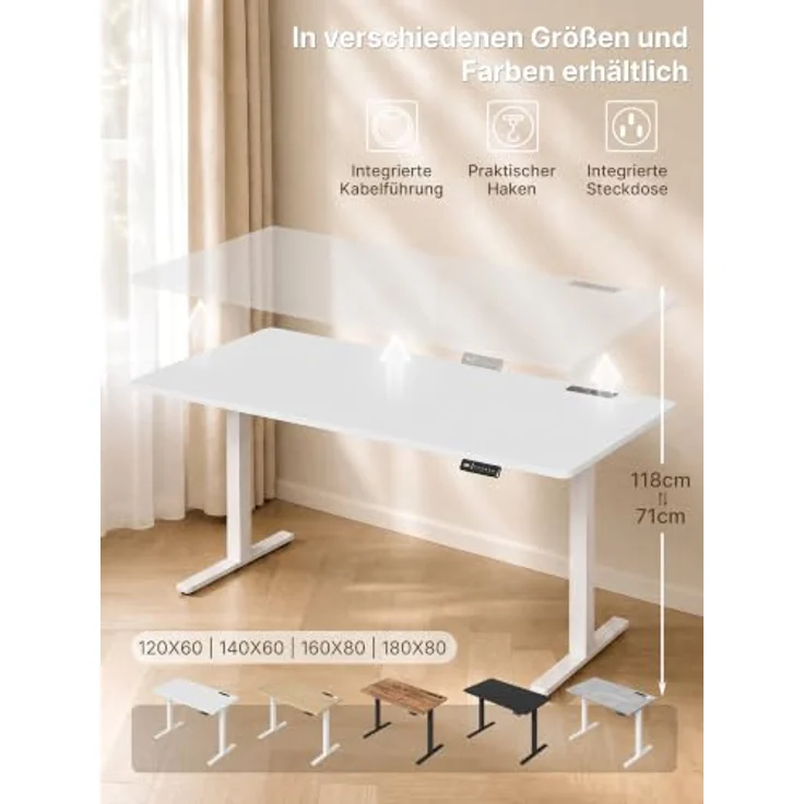 JUMMICO Höhenverstellbarer Schreibtisch 180x80 cm mit Steckdose | Schreibtisch Höhenverstellbar Elektrisch Stehtisch, Steh-Sitz Tisch, Bürotisch Computertisch, Wolkenweiß – Bild 2