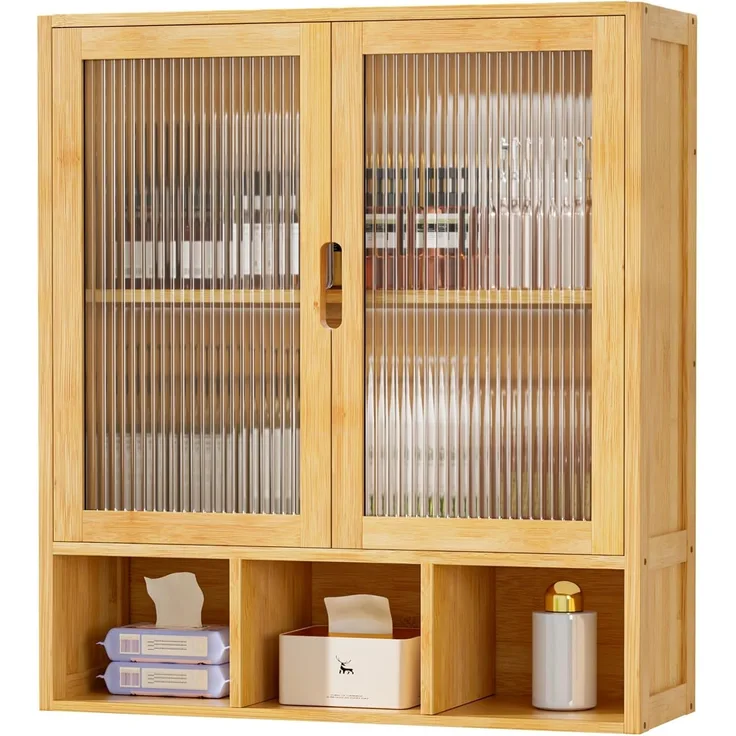 Yorbay Hängeschrank Bambus Badezimmerschrank (59x22x66 cm, Magnetverschluss & verstellbare Regale) Wandschrank mit Doppeltüren