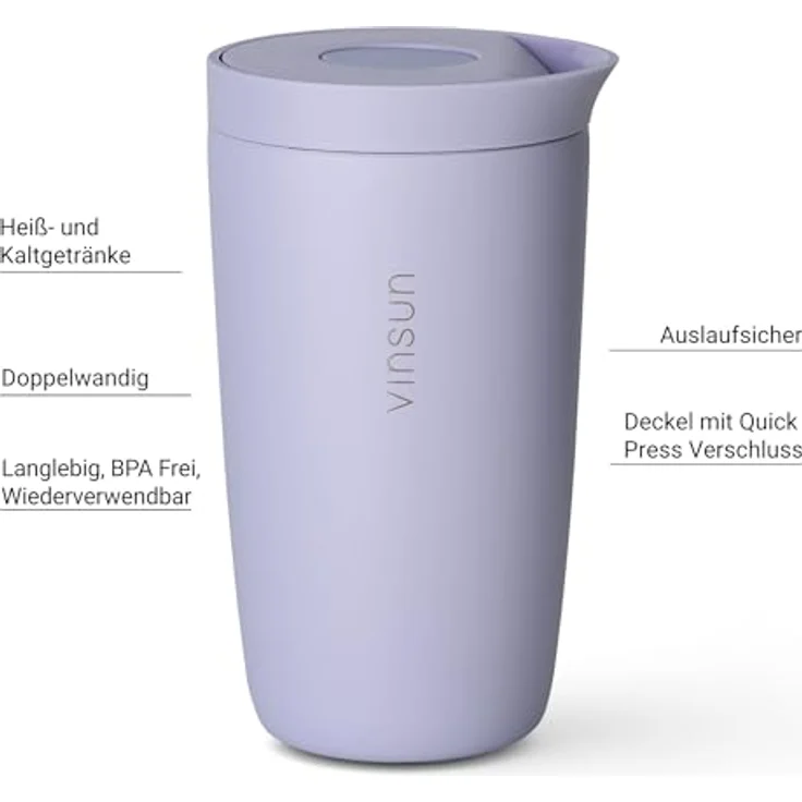 Vinsun Thermobecher Edelstahl Isolierbecher 350ml - Kaffeebecher to Go auslaufsicher, 2-tlg, Edelstahl, Doppelwandig, BPA frei, bruchfest, Einhandbedienung per Knopfdruck – Bild 3