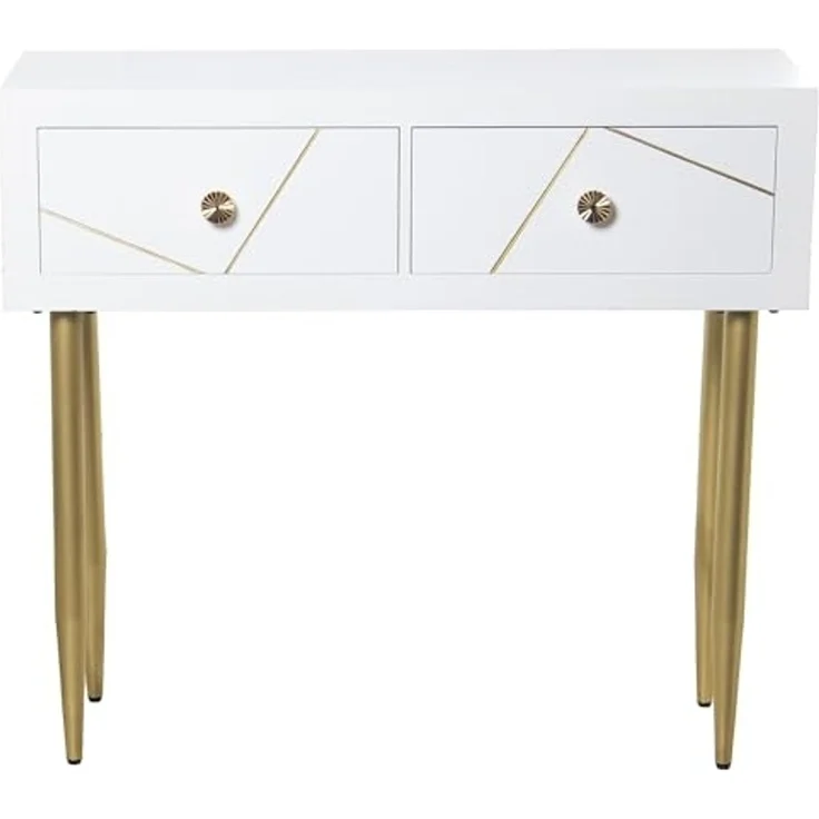 DRW Eingangstisch Konsolentisch aus Holz mit Zwei Schubladen in Weiß und Gold, 90 x 30 x 80 cm – Bild 3