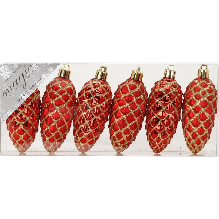 Holly & Jolly Christbaumschmuck, Christbaumschmuck Kunststoff Zapfen 9cm 6er Set - Rot