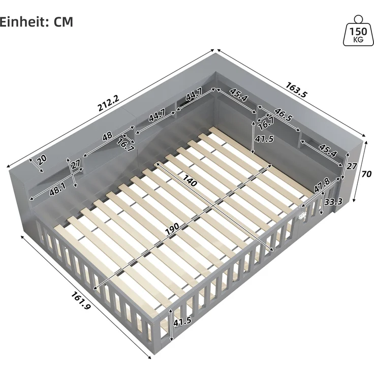 Bett mit Liegefläche 140x190 cm, integrierten Steckdosen und USB-Anschlüssen, Staufach und Geländer, Grau, ohne Matratze – Bild 5