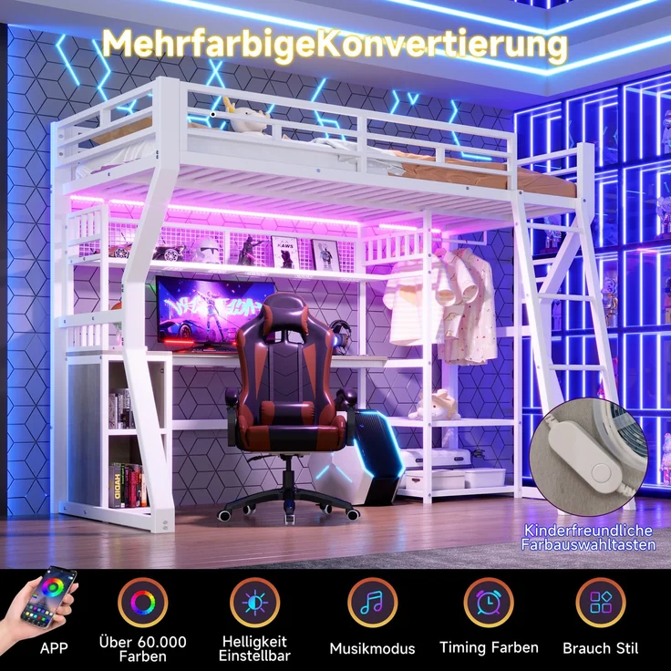 Merax Hochbett, Kinderbett 90 x 200 cm, mit Lichtleiste, Steckdose, Kleideraufhängebereich, Schreibtisch, Staufächer, Ablageböden, ohne Matratze, Weiß – Bild 8