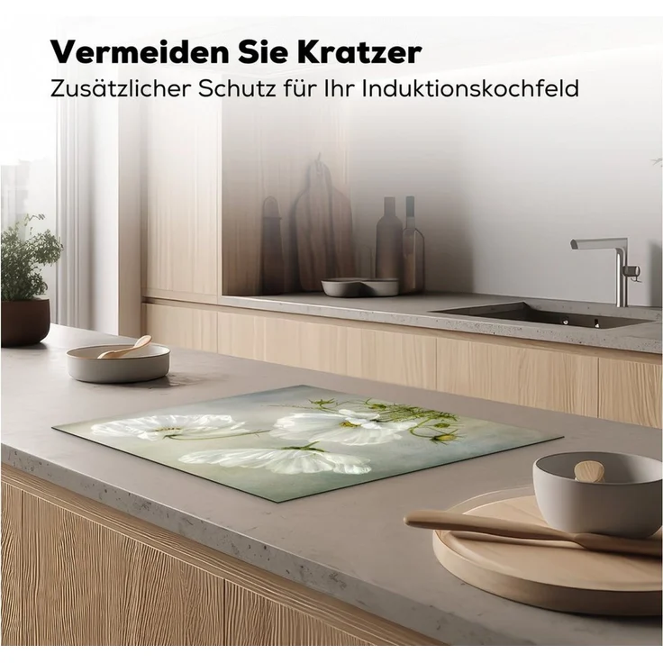 MuchoWow Herd-Abdeckplatte Blumen - Stillleben - Mohn - Weiß - Botanisch, Vinyl, (1 tlg), Ceranfeldabdeckung Küche, Herdabdeckplatte Einteilig, 60x52 cm – Bild 3