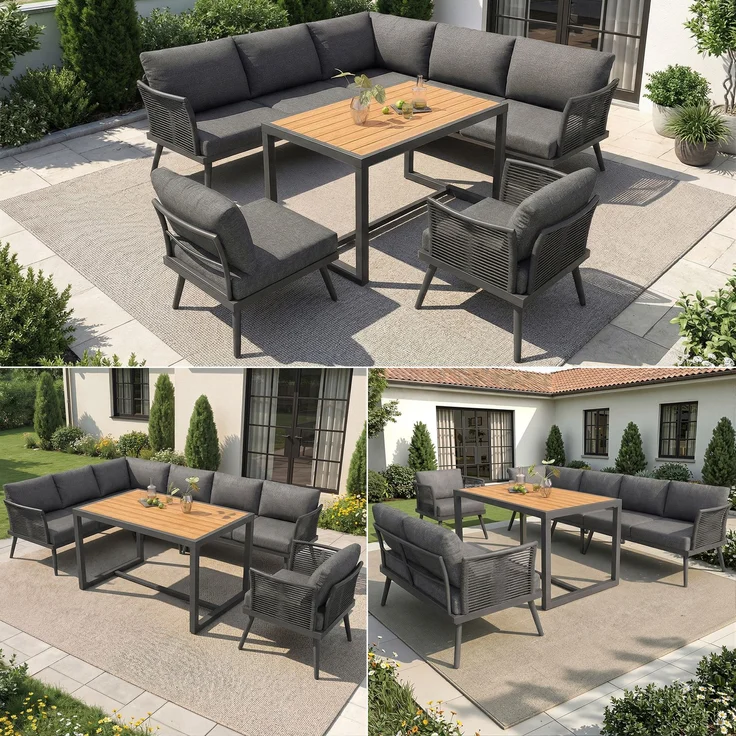 Merax Gartenlounge-Set, 7-Sitzer L-förmiges Gartensofa-Set mit Sessel, geflochtenen Armlehnen, Wetterfeste Eckgarnitur aus Eisen, mit Holz-Couchtisch, Mit Polstern & Kissen, Grau – Bild 5