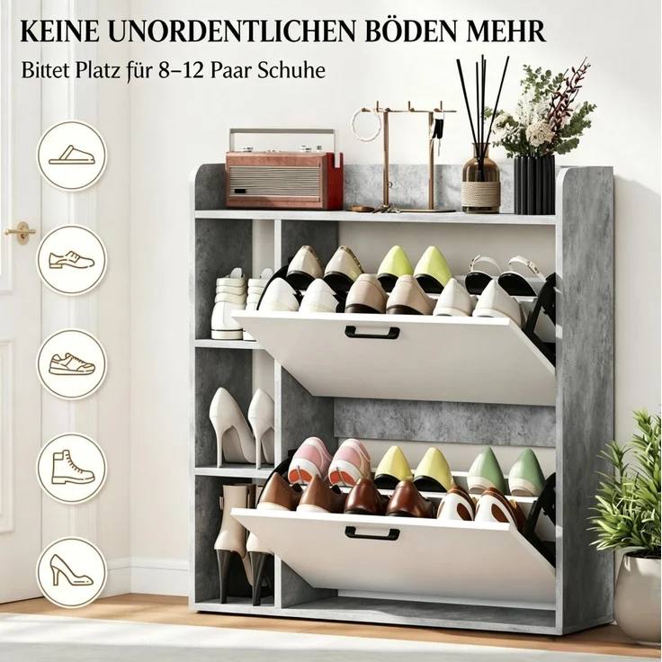 DESVIAE Garderobenschrank Schuhschrank Grau-Weiß aus Spanplatte – 83x90,5x24 cm – 2 Kippschränke – Bild 5